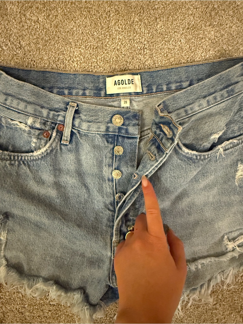 Agolde Light Wash Distressed Denim Cutoff Shorts - Picture 2 of 4